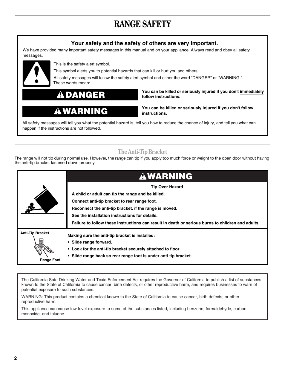 Range safety, Danger warning, Warning | The anti-tip bracket | Amana W10196163A User Manual | Page 2 / 12