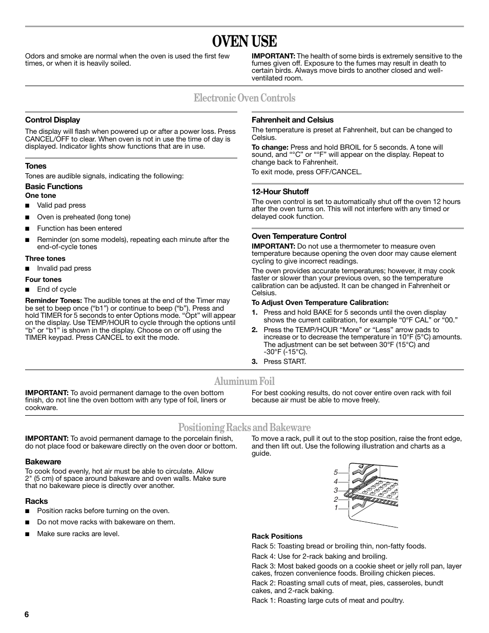 Oven use, Electronic oven controls, Aluminum foil | Positioning racks and bakeware | Amana W10196163A User Manual | Page 6 / 12