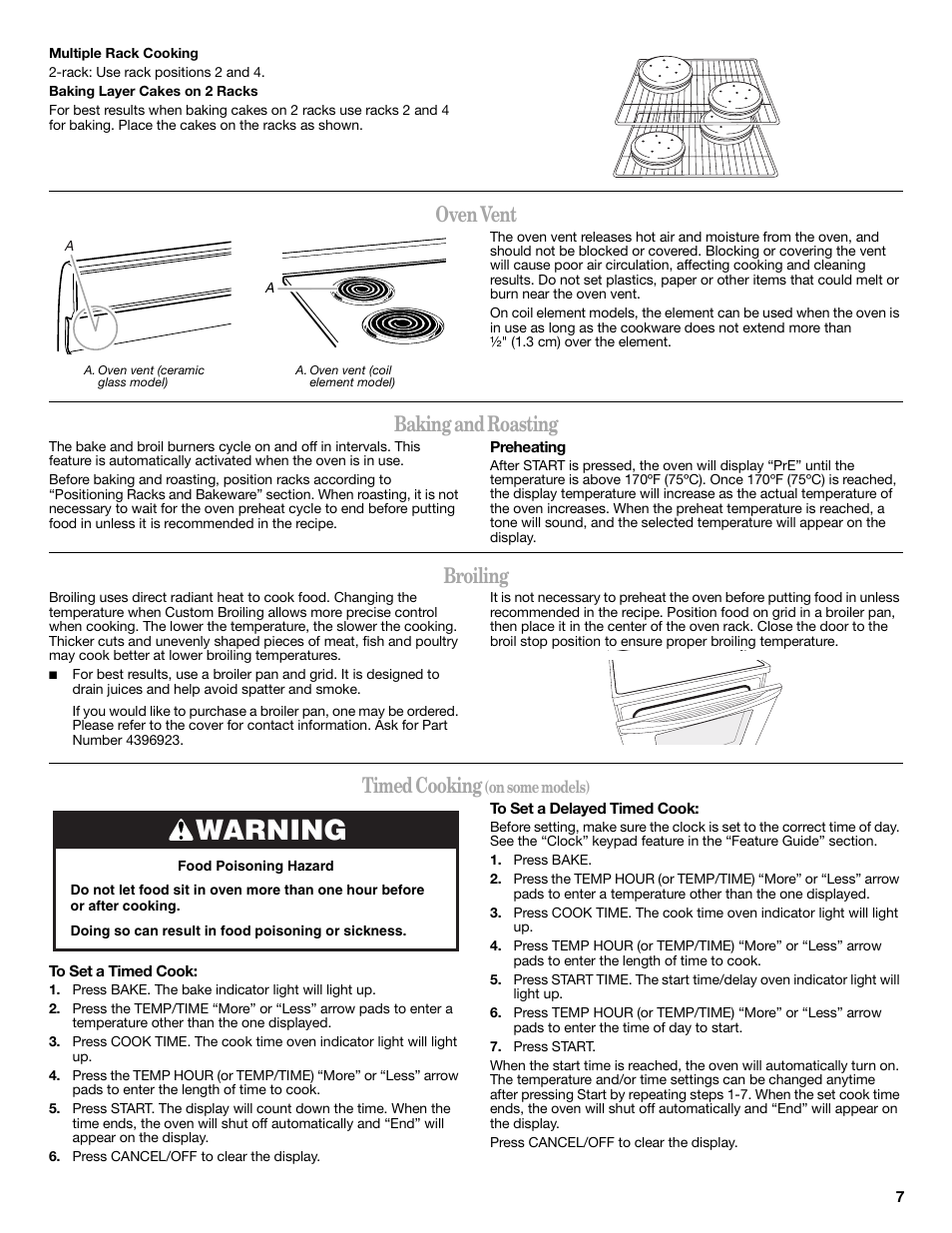 Warning, Oven vent, Baking and roasting | Broiling, Timed cooking | Amana W10196163A User Manual | Page 7 / 12