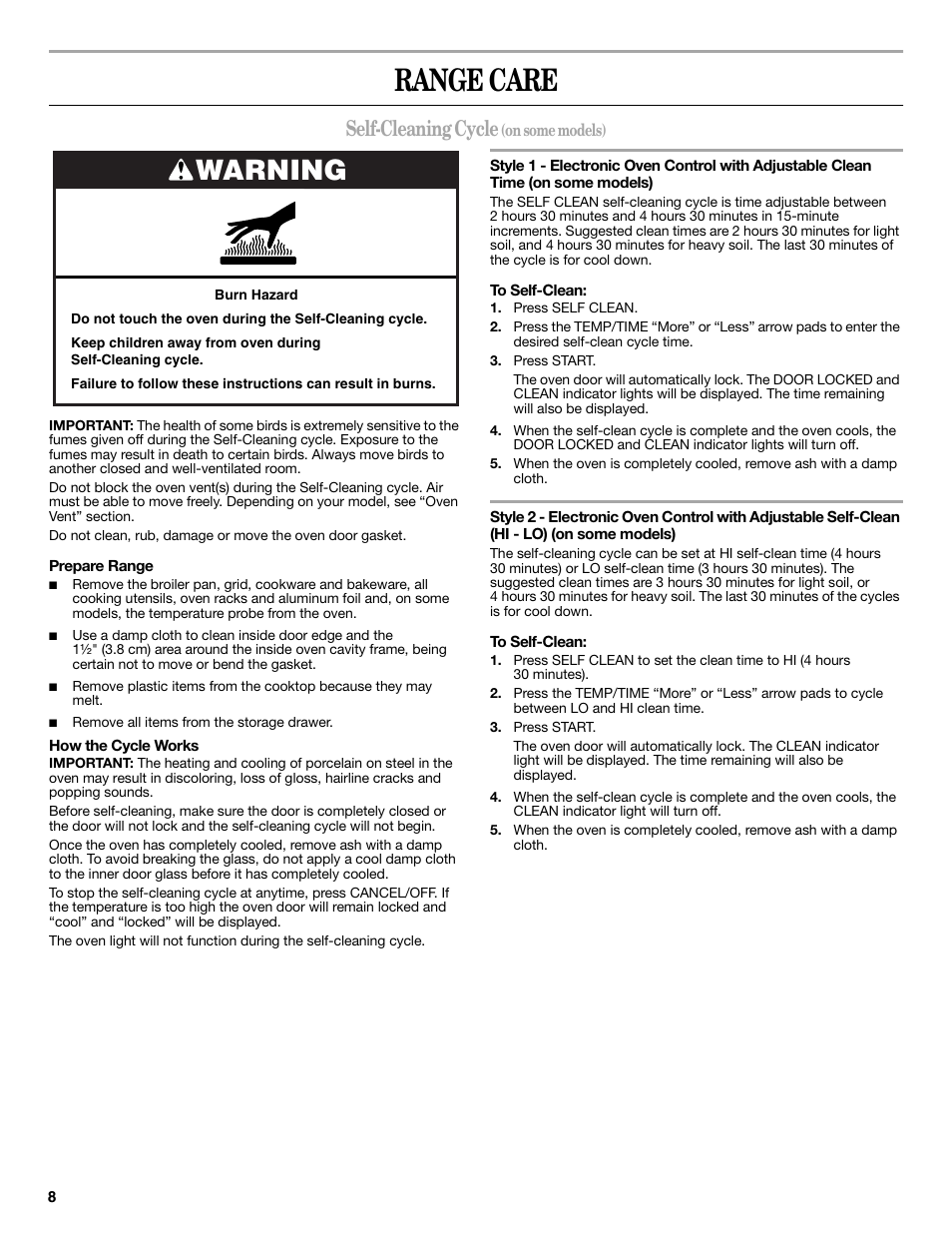 Range care, Warning, Self-cleaning cycle | Amana W10196163A User Manual | Page 8 / 12