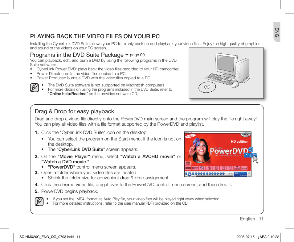 Playing back the video files on your pc, Programs in the dvd suite package, Drag & drop for easy playback | Samsung SC-HMX20C-XAP User Manual | Page 11 / 12