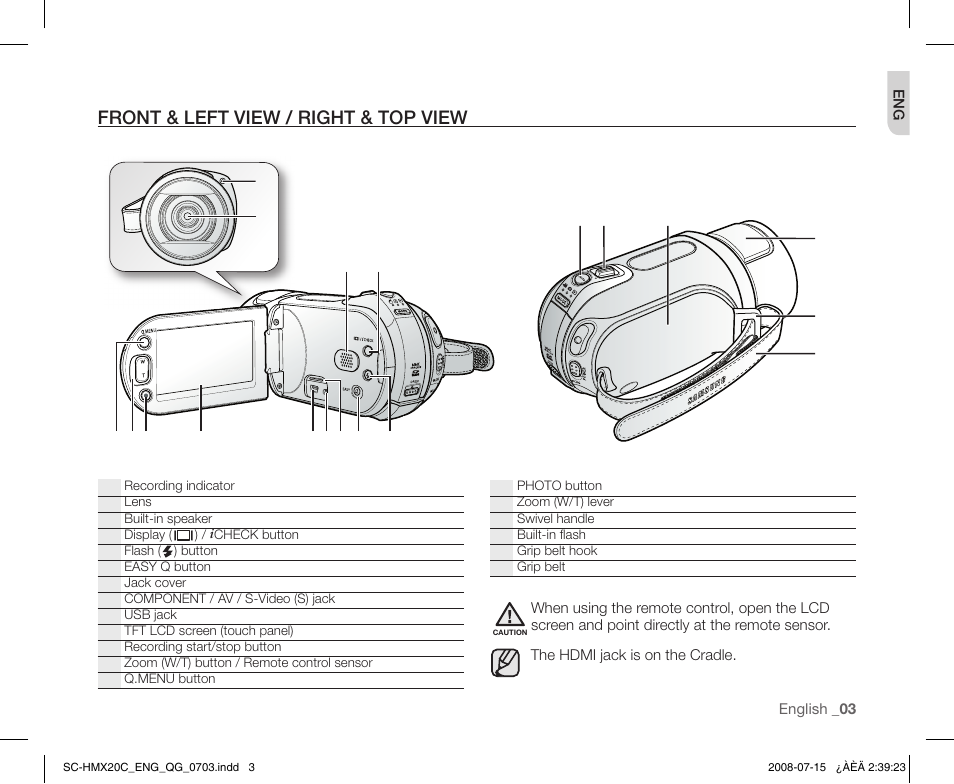 Front & left view / right & top view | Samsung SC-HMX20C-XAP User Manual | Page 3 / 12