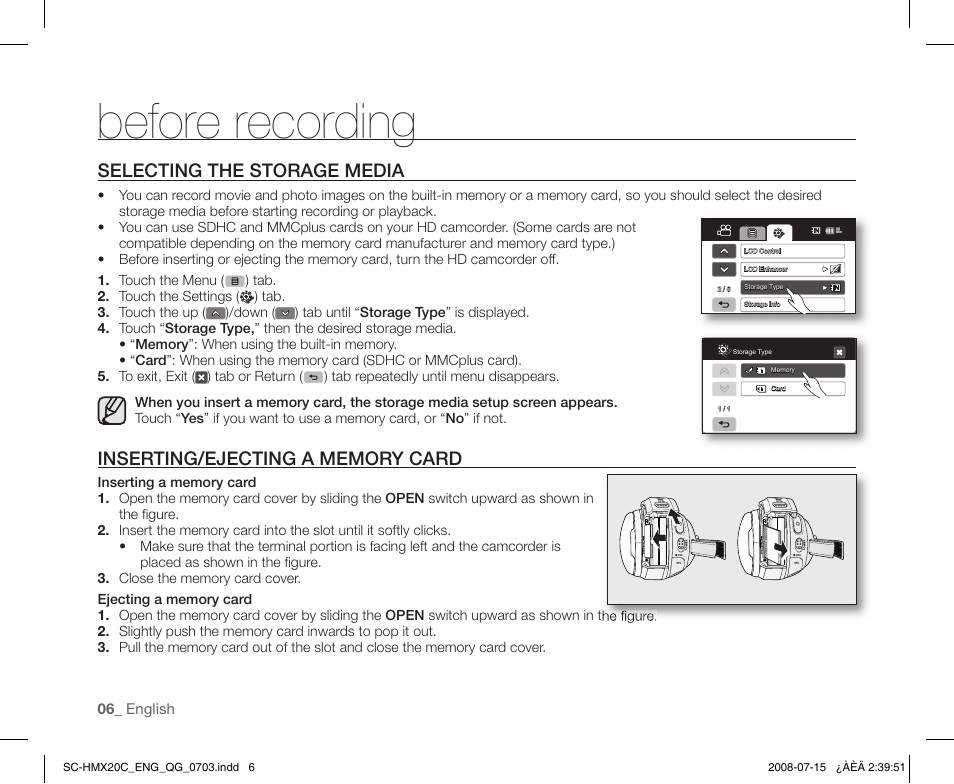 Before recording, Selecting the storage media | Samsung SC-HMX20C-XAP User Manual | Page 6 / 12