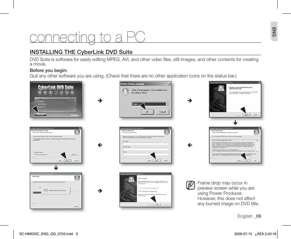 Connecting to a pc | Samsung SC-HMX20C-XAP User Manual | Page 9 / 12