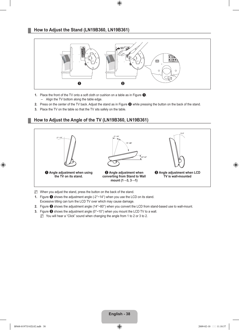 How to adjust the stand (ln19b360, ln19b361) | Samsung LN19B361C5DXZA User Manual | Page 40 / 93