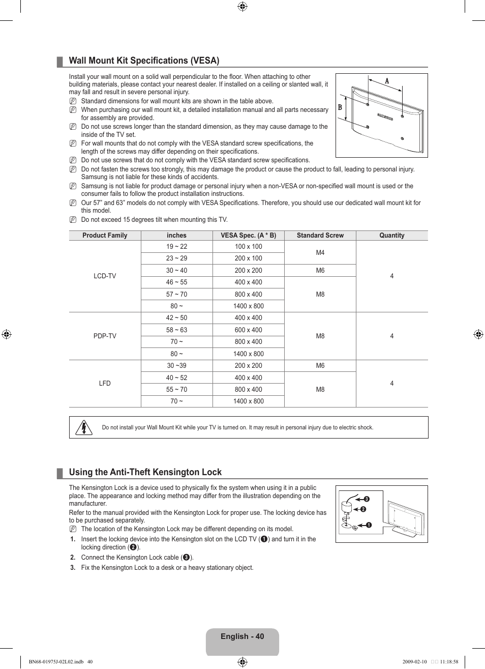 Wall mount kit specifications (vesa), Using the anti-theft kensington lock | Samsung LN19B361C5DXZA User Manual | Page 42 / 93