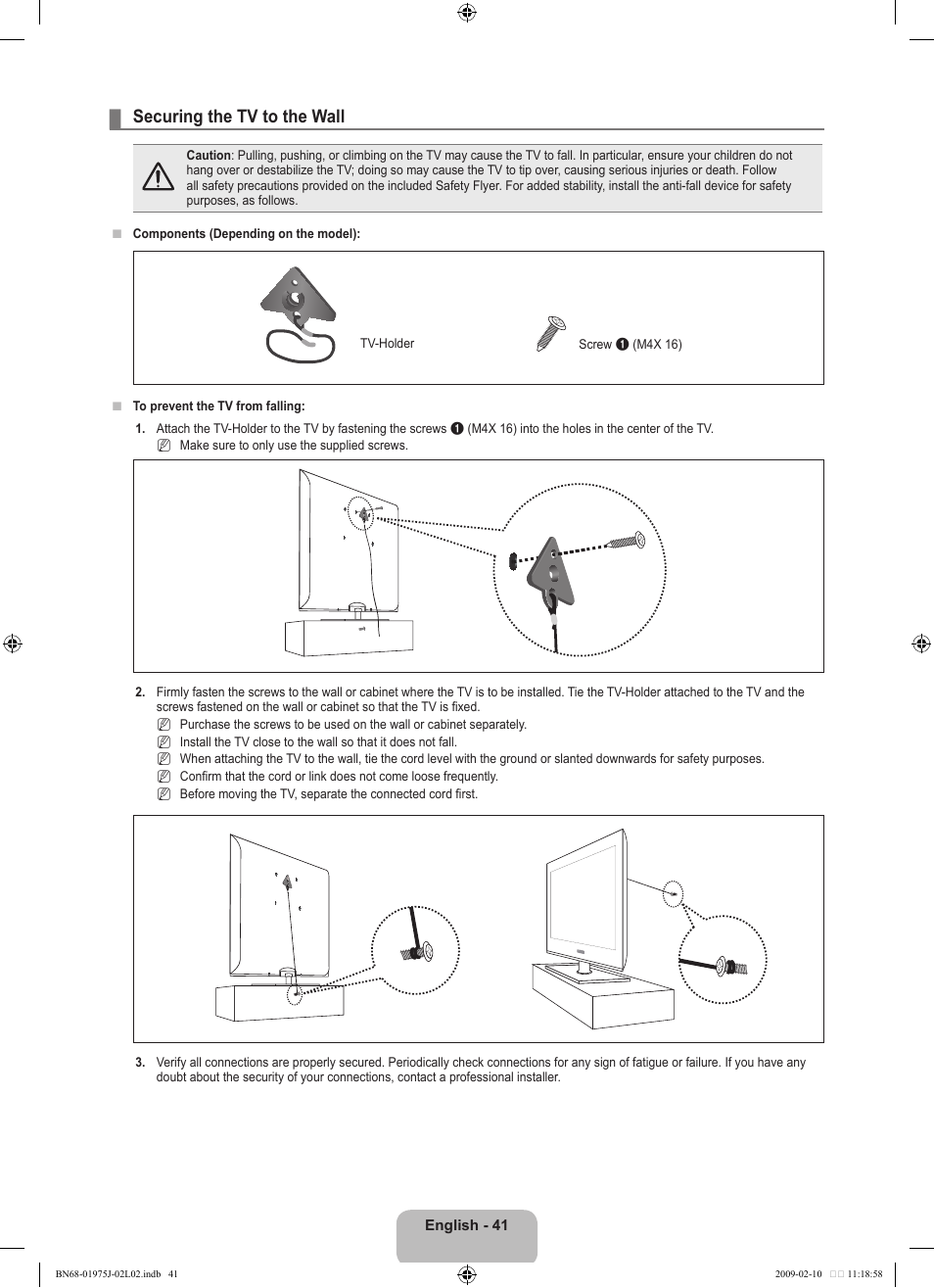Securing the tv to the wall | Samsung LN19B361C5DXZA User Manual | Page 43 / 93