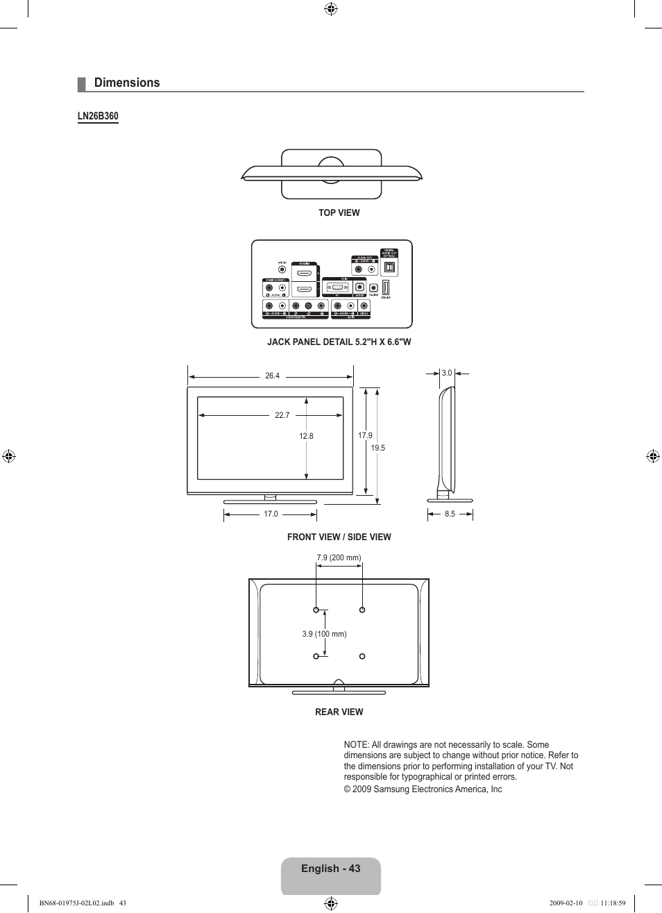Dimensions | Samsung LN19B361C5DXZA User Manual | Page 45 / 93