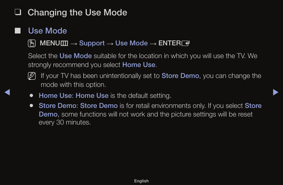 Changing the use mode, Use mode o | Samsung UN55F6100AFXZA User Manual | Page 125 / 130