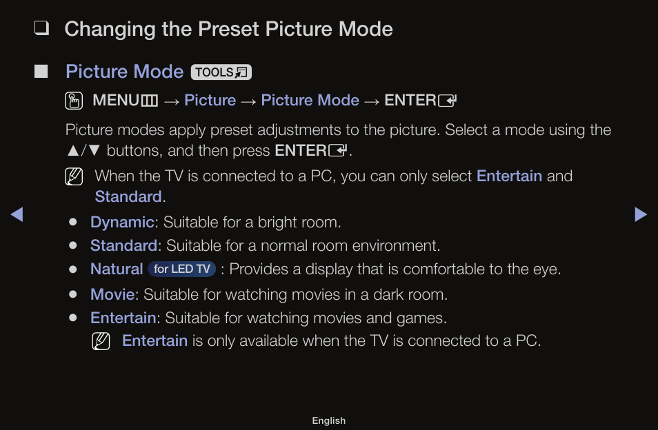 Basic features, Changing the preset picture mode, Picture mode t o | Samsung UN55F6100AFXZA User Manual | Page 38 / 130