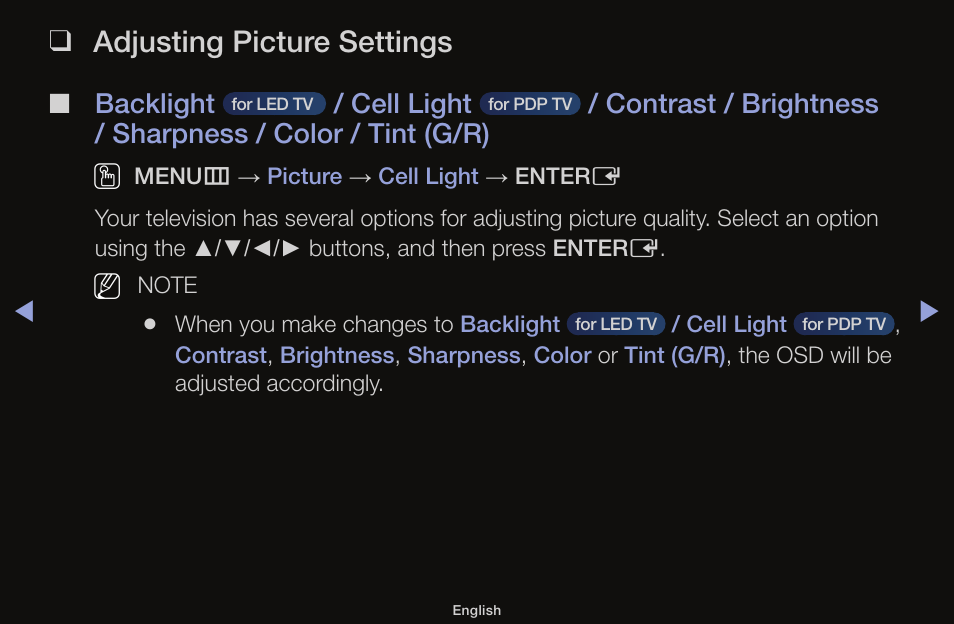 Adjusting picture settings, Backlight, Cell light | Samsung UN55F6100AFXZA User Manual | Page 39 / 130