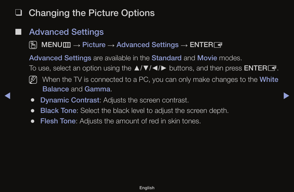 Changing the picture options, Advanced settings o | Samsung UN55F6100AFXZA User Manual | Page 49 / 130