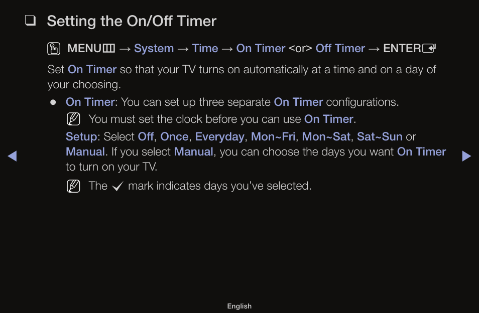 Setting the on/off timer | Samsung UN55F6100AFXZA User Manual | Page 73 / 130