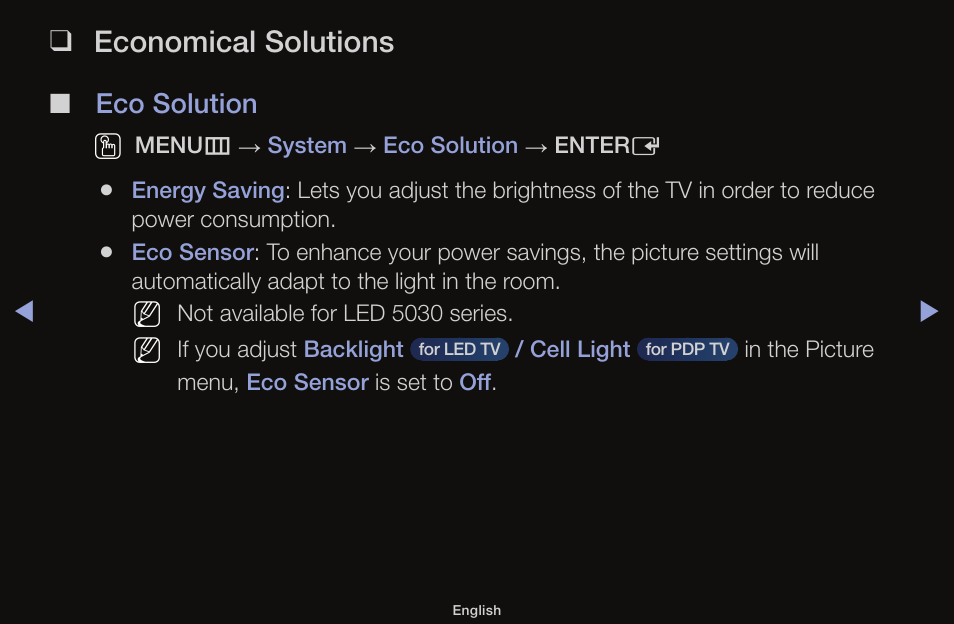 Economical solutions, Eco solution o | Samsung UN55F6100AFXZA User Manual | Page 78 / 130