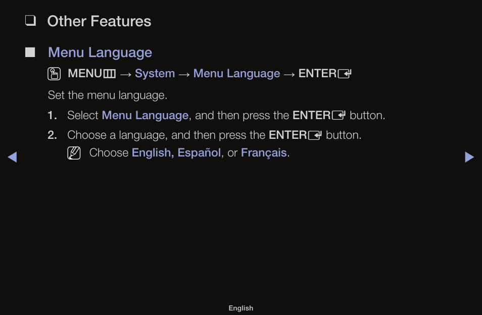 Other features, Menu language o | Samsung UN55F6100AFXZA User Manual | Page 80 / 130