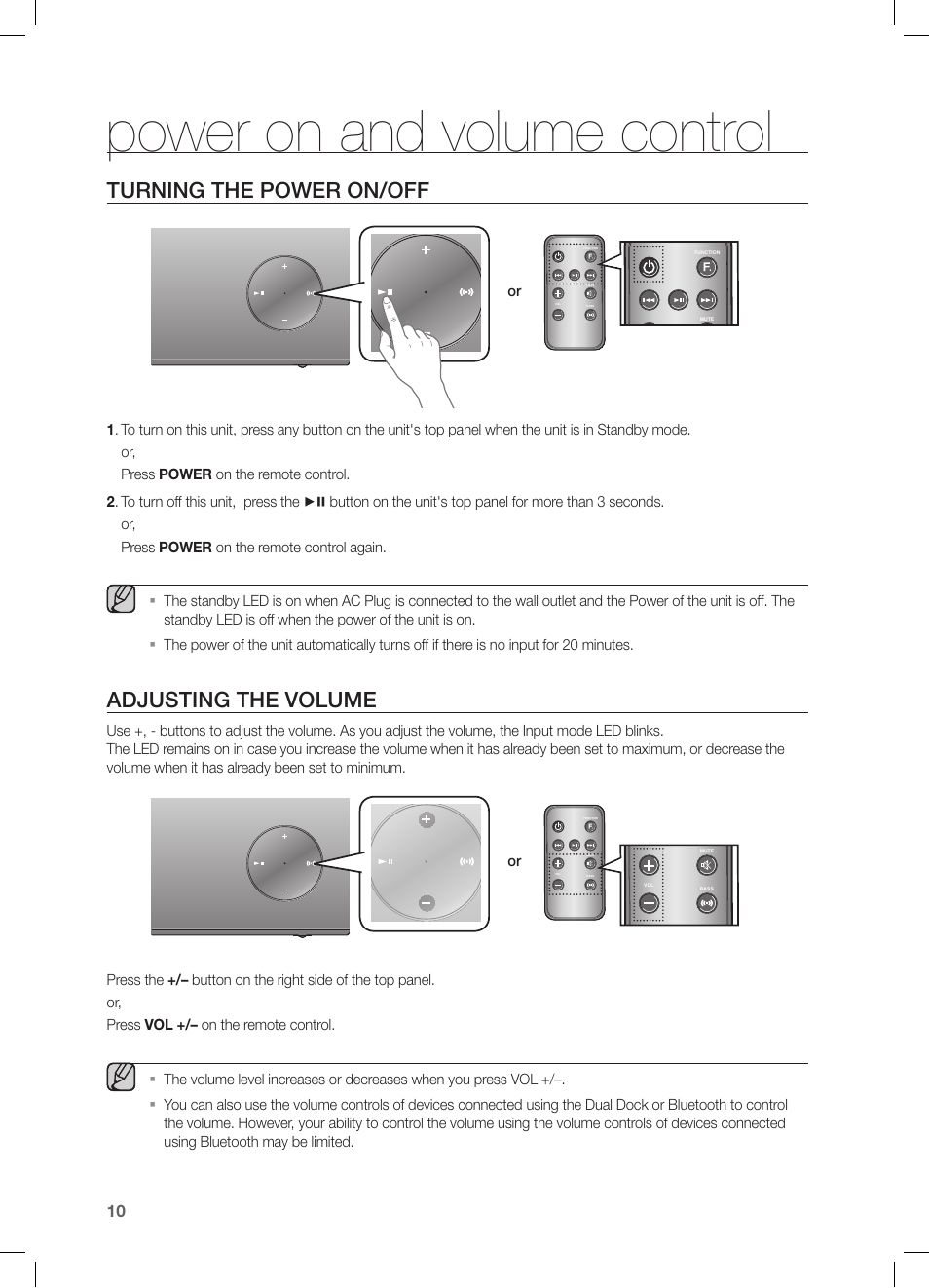 Power on and volume control, Turning the power on/off, Adjusting the volume | Samsung DA-E570-ZA User Manual | Page 10 / 22
