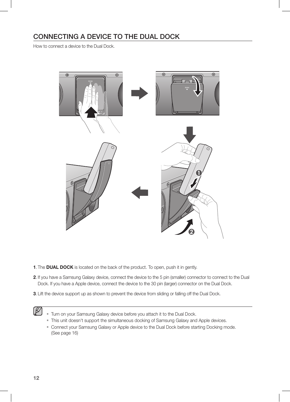 Connecting a device to the dual dock | Samsung DA-E570-ZA User Manual | Page 12 / 22