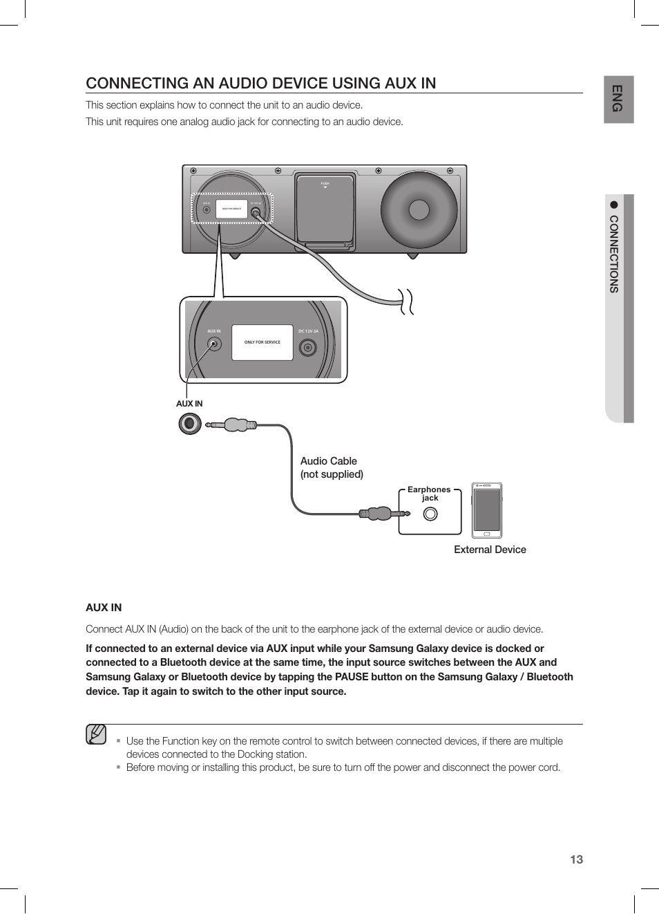 Connecting an audio device using aux in, Connections, Audio cable (not supplied) external device | Samsung DA-E570-ZA User Manual | Page 13 / 22