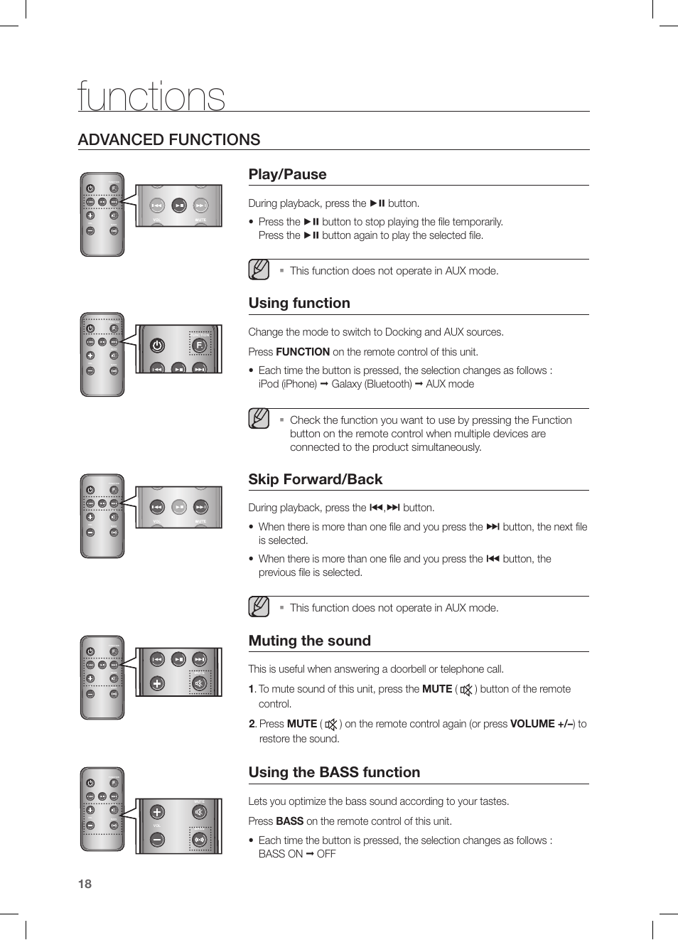 Functions, Advanced functions, Play/pause | Using function, Skip forward/back, Muting the sound, Using the bass function, This function does not operate in aux mode | Samsung DA-E570-ZA User Manual | Page 18 / 22