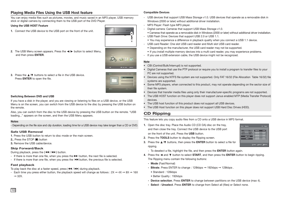 Playing media files using the usb host feature, Cd ripping | Samsung DVD-E360-ZA User Manual | Page 10 / 16