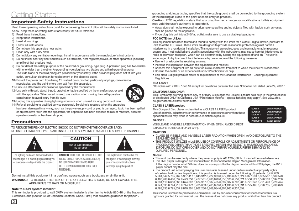 Getting started, Caution | Samsung DVD-E360-ZA User Manual | Page 2 / 16