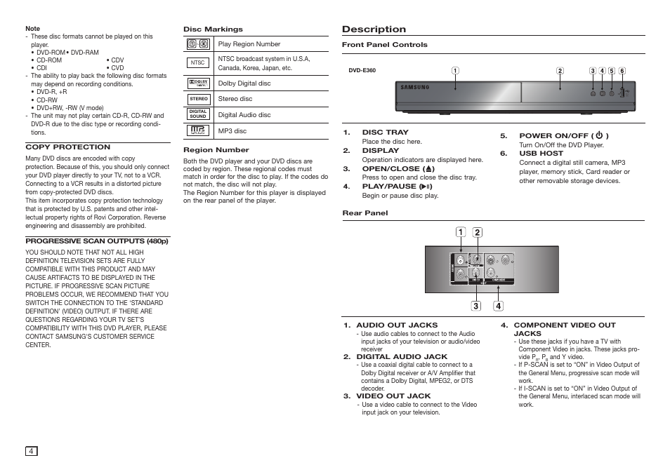 Description | Samsung DVD-E360-ZA User Manual | Page 4 / 16