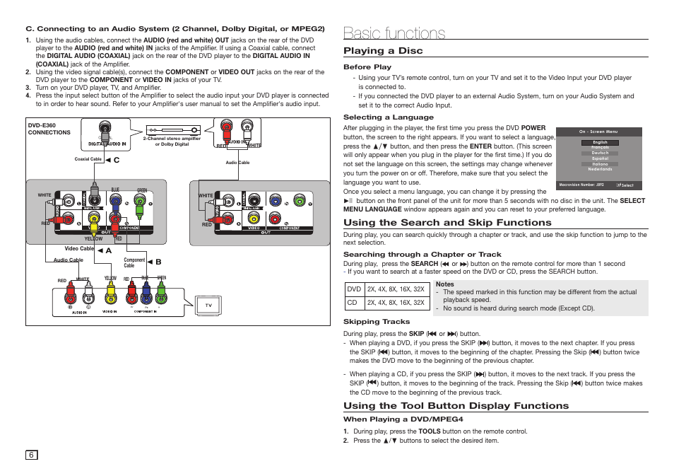 Basic functions, Using the search and skip functions, Using the tool button display functions | Playing a disc | Samsung DVD-E360-ZA User Manual | Page 6 / 16