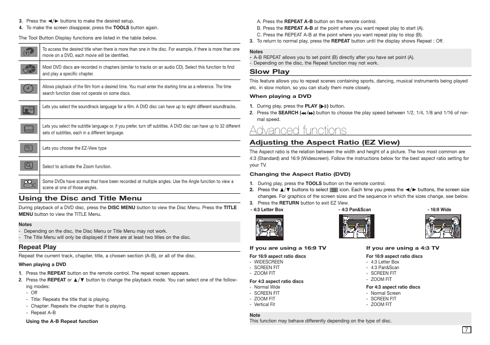 Advanced functions | Samsung DVD-E360-ZA User Manual | Page 7 / 16