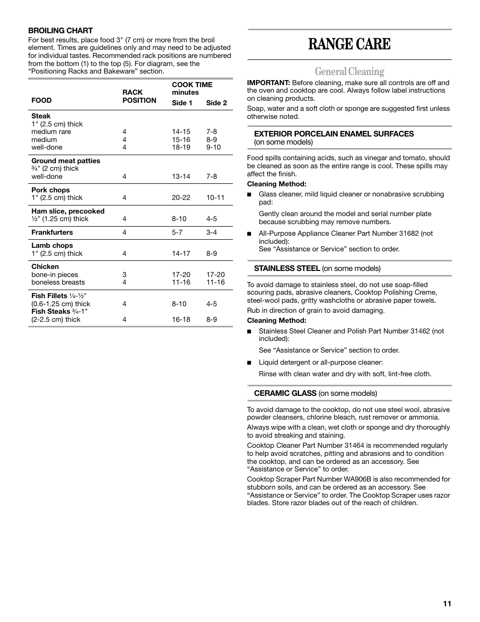 Range care, General cleaning | Amana W10180837A User Manual | Page 11 / 16