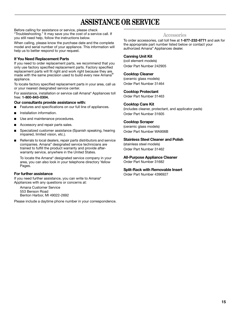 Assistance or service, Accessories | Amana W10180837A User Manual | Page 15 / 16