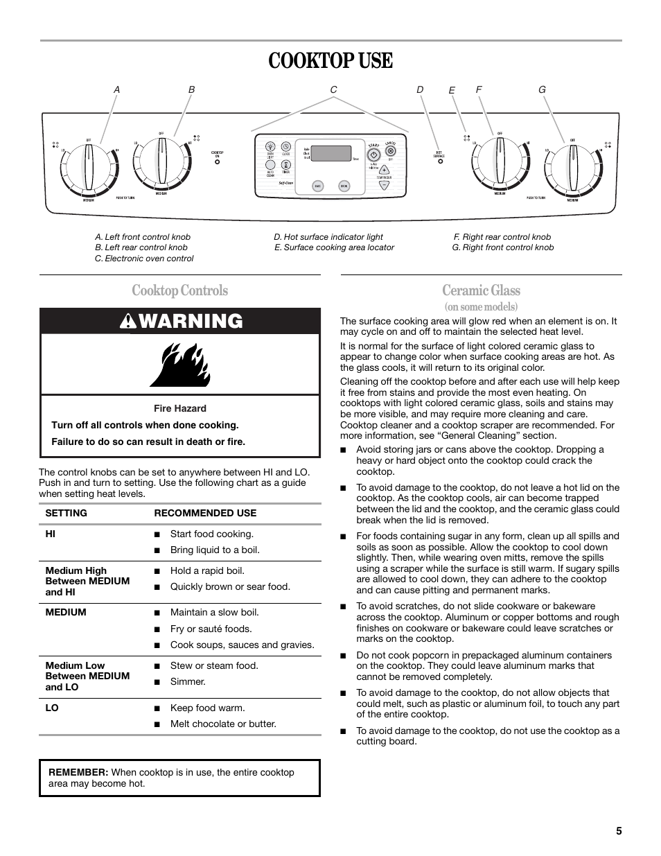Cooktop use, Warning, Cooktop controls | Ceramic glass, On some models) | Amana W10180837A User Manual | Page 5 / 16