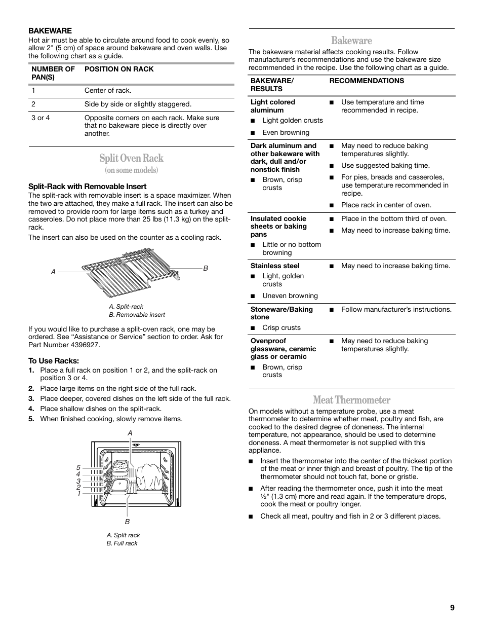 Split oven rack, Bakeware, Meat thermometer | On some models) | Amana W10180837A User Manual | Page 9 / 16