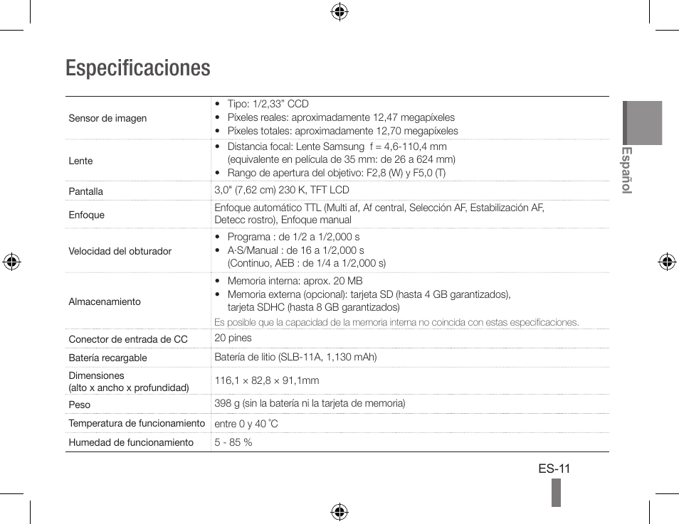 Especificaciones | Samsung EC-HZ25WZBPBUS User Manual | Page 21 / 22