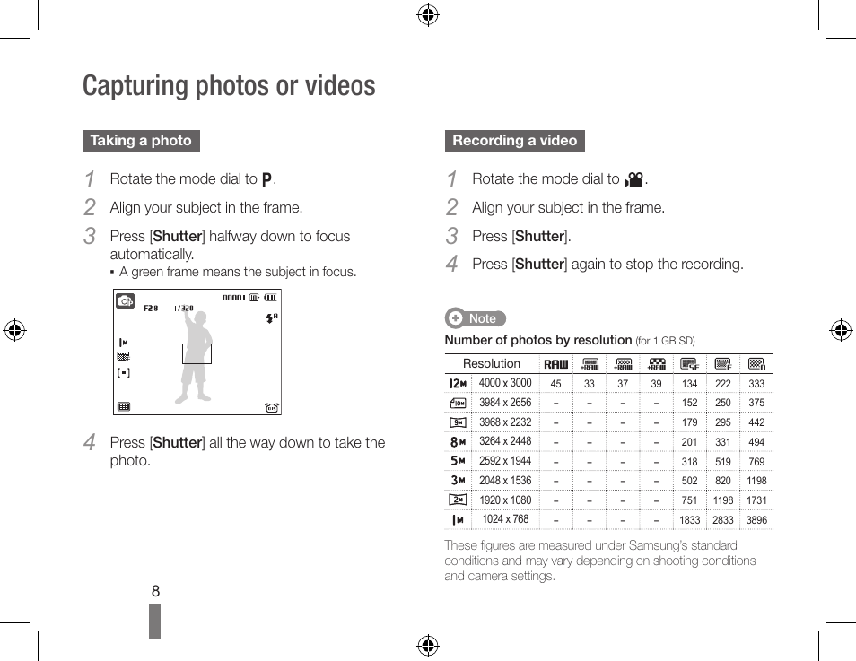 Capturing photos or videos | Samsung EC-HZ25WZBPBUS User Manual | Page 8 / 22