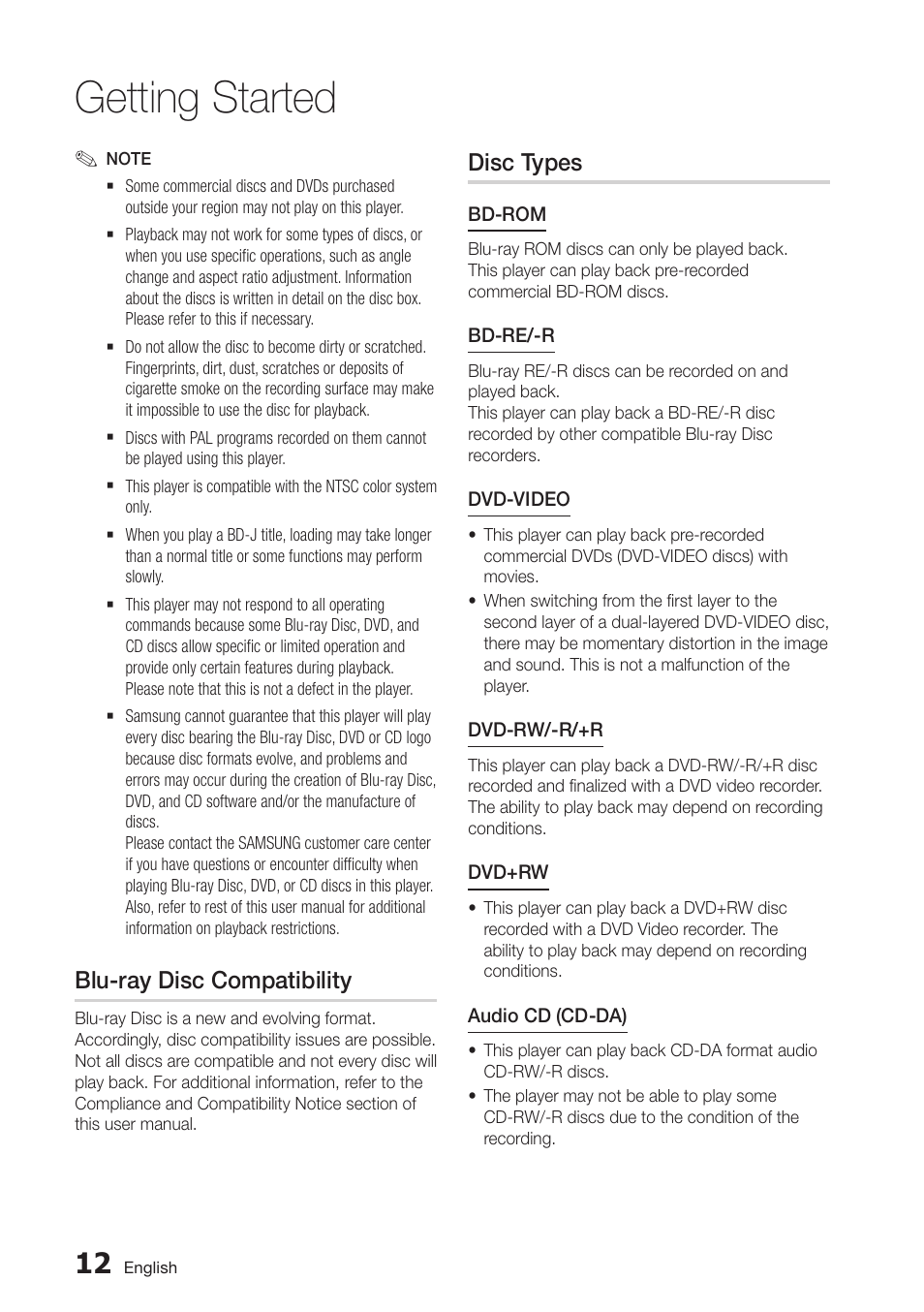 Blu-ray disc compatibility, Disc types, Getting started | Samsung BD-D6100C-ZA User Manual | Page 12 / 79