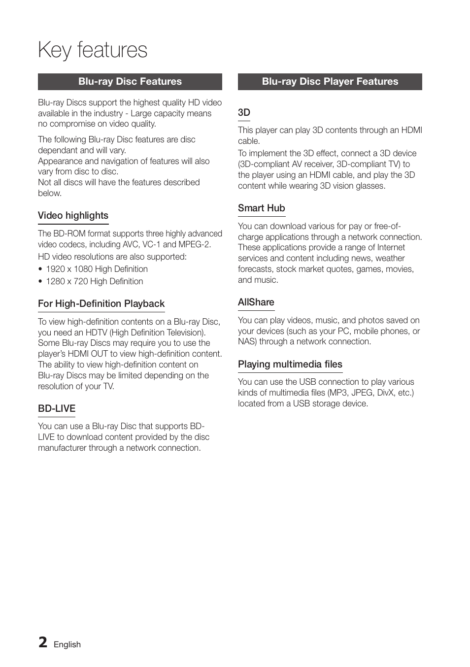Key features, Blu-ray disc features, Blu-ray disc player features | Samsung BD-D6100C-ZA User Manual | Page 2 / 79