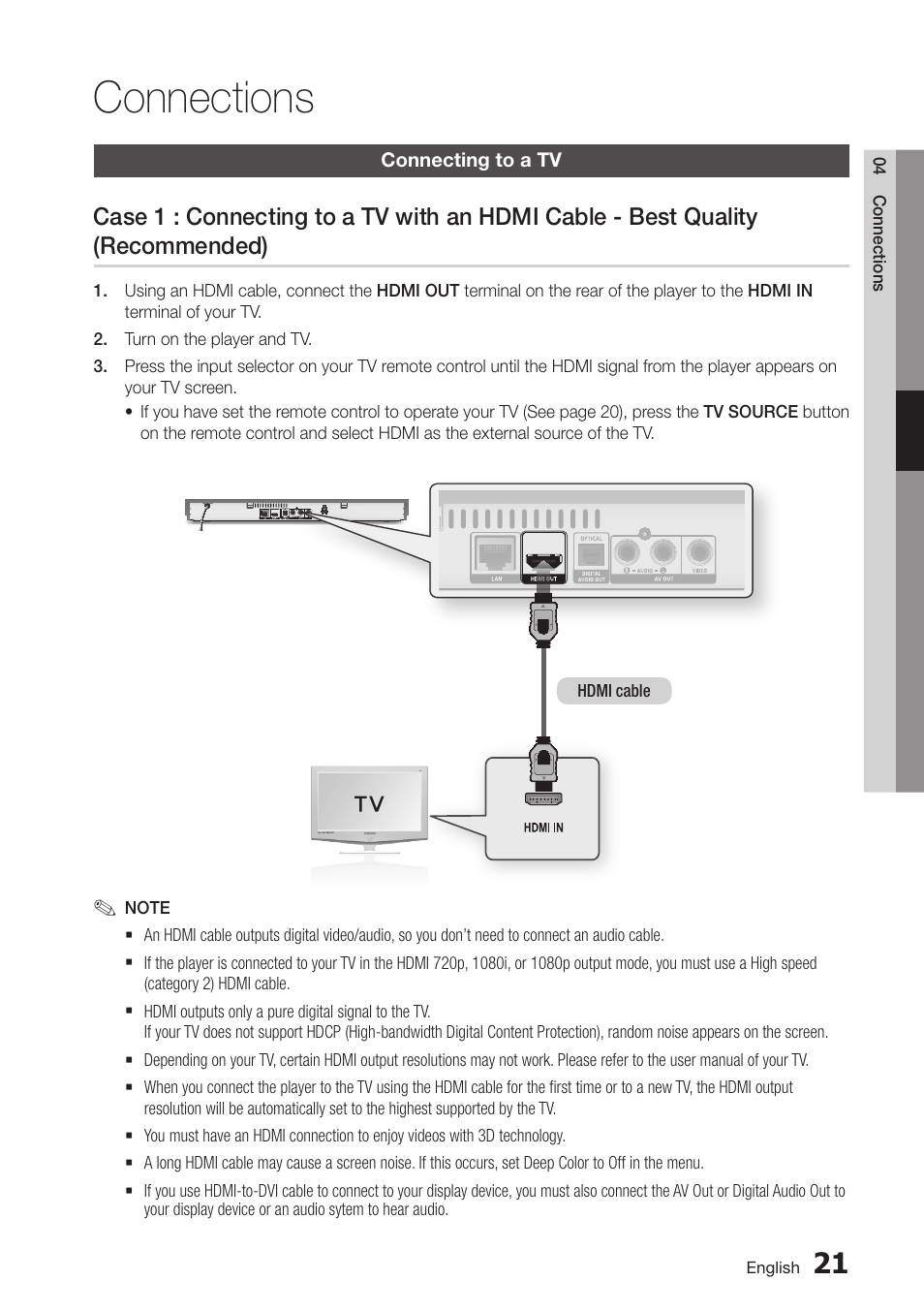 Connections, Connecting to a tv, 21 connecting to a tv | Case 1 : connecting to a tv with an hdmi cable, Best quality (recommended) | Samsung BD-D6100C-ZA User Manual | Page 21 / 79