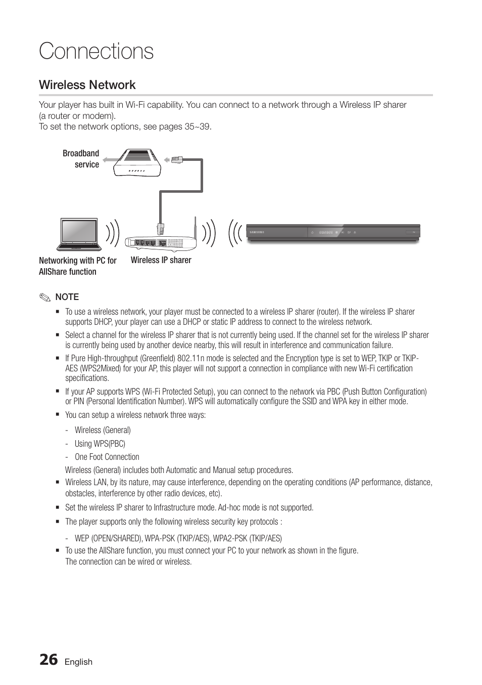 Wireless network, Connections | Samsung BD-D6100C-ZA User Manual | Page 26 / 79