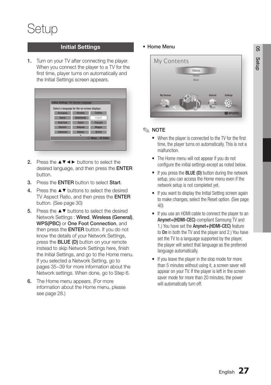 Setup, Initial settings, 27 initial settings | My contents | Samsung BD-D6100C-ZA User Manual | Page 27 / 79