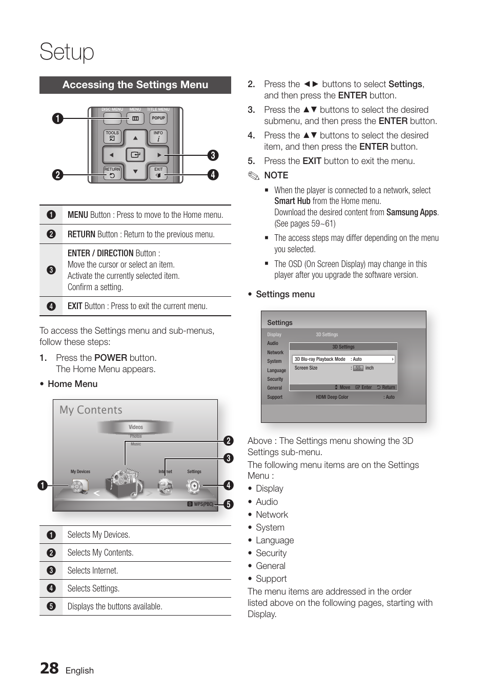 Accessing the settings menu, 28 accessing the settings menu, Setup | My contents | Samsung BD-D6100C-ZA User Manual | Page 28 / 79