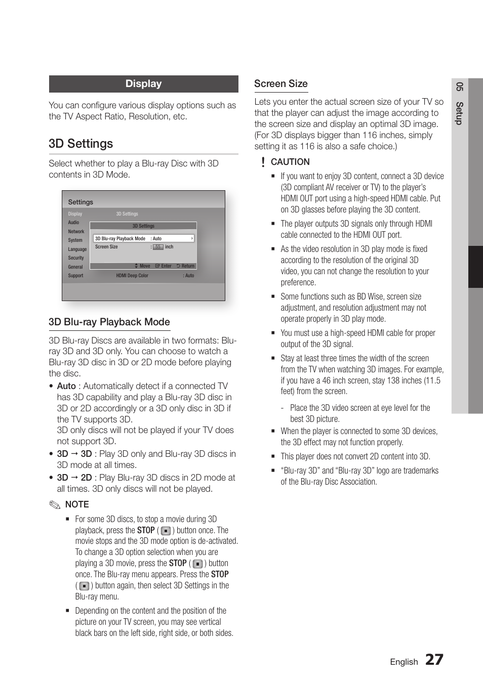 Display, 3d settings, 29 display | Samsung BD-D6100C-ZA User Manual | Page 29 / 79