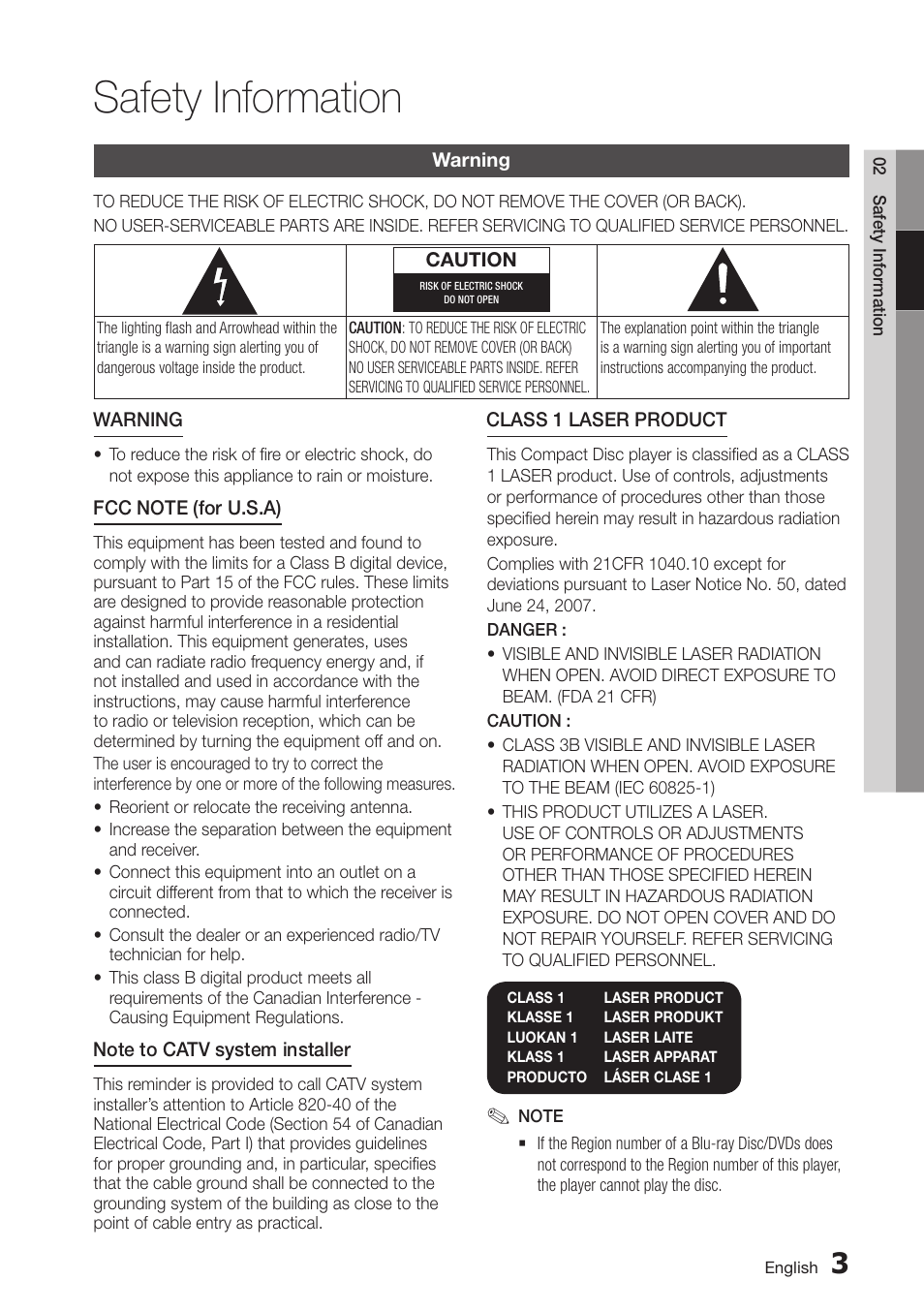 Safety information, Warning | Samsung BD-D6100C-ZA User Manual | Page 3 / 79