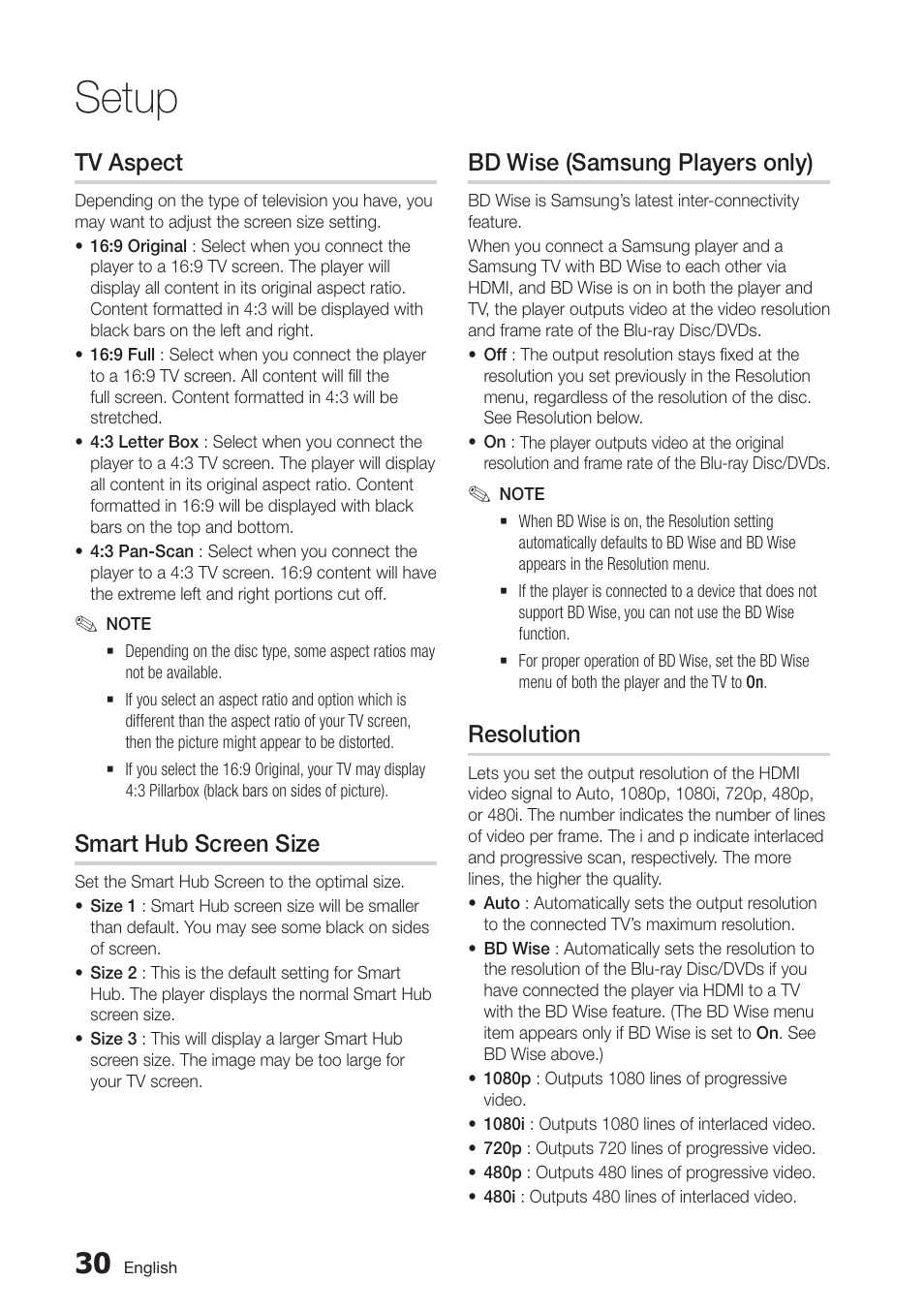Tv aspect, Smart hub screen size, Bd wise (samsung players only) | Resolution, 30 resolution, Setup | Samsung BD-D6100C-ZA User Manual | Page 30 / 79