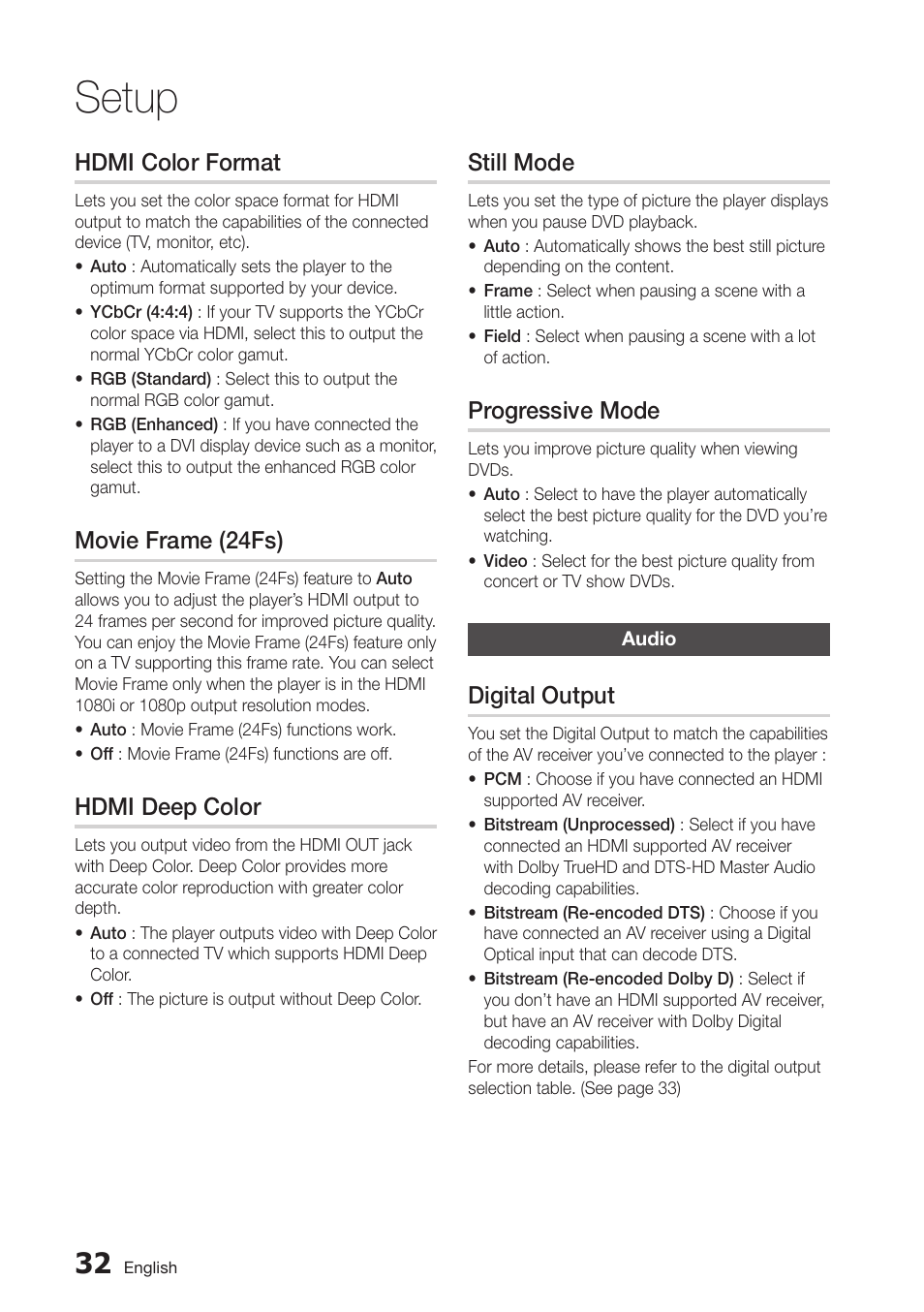 Hdmi color format, Movie frame (24fs), Hdmi deep color | Still mode, Progressive mode, Audio, Digital output, 32 audio, Setup | Samsung BD-D6100C-ZA User Manual | Page 32 / 79