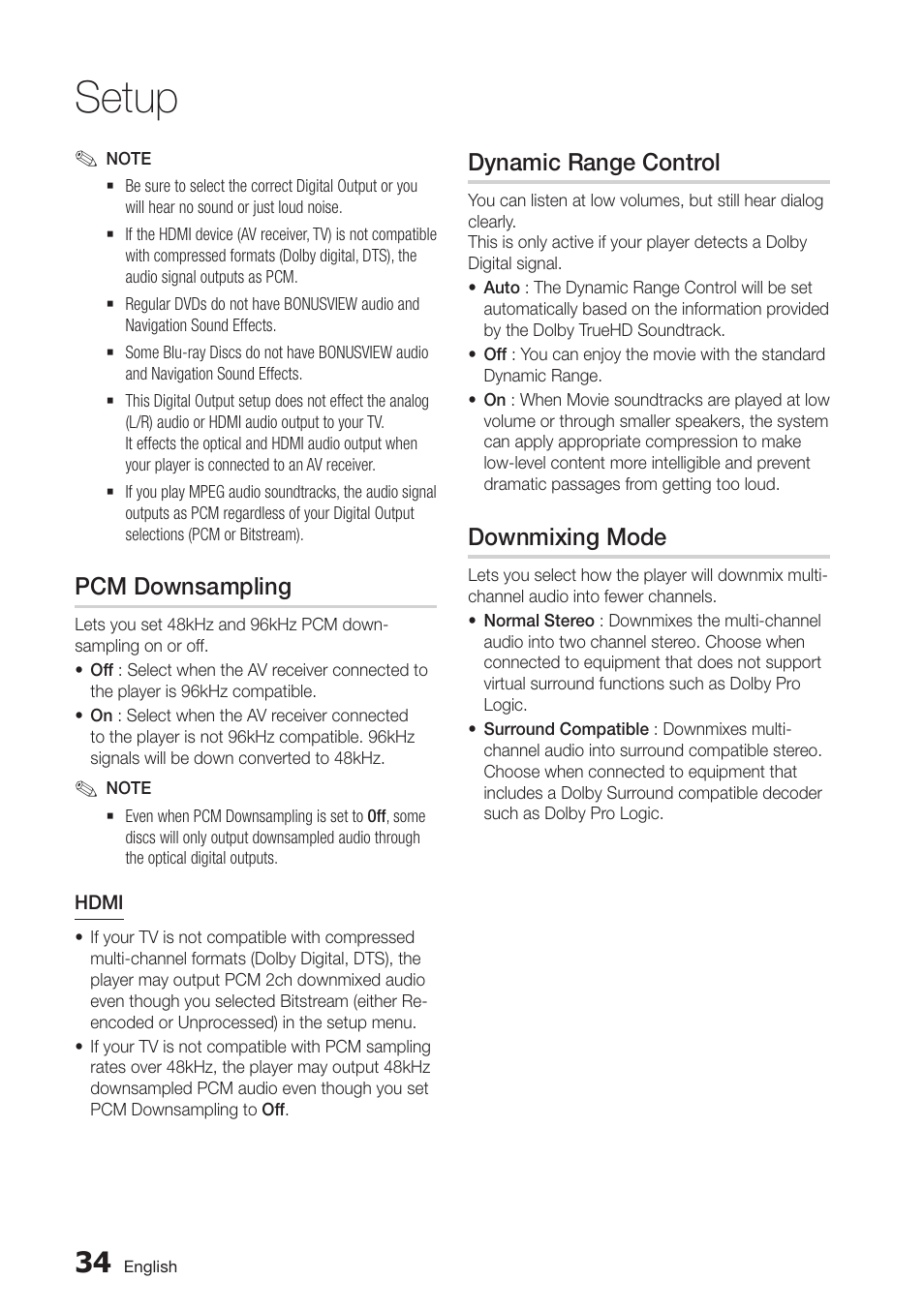 Pcm downsampling, Dynamic range control, Downmixing mode | Setup | Samsung BD-D6100C-ZA User Manual | Page 34 / 79