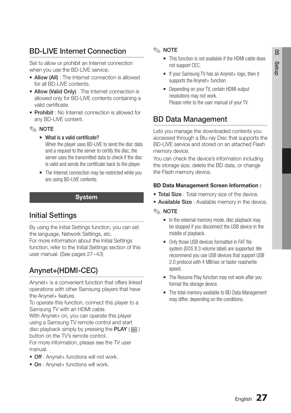 Bd-live internet connection, System, Initial settings | Anynet+(hdmi-cec), Bd data management, 39 system, 39 anynet+(hdmi-cec) | Samsung BD-D6100C-ZA User Manual | Page 39 / 79