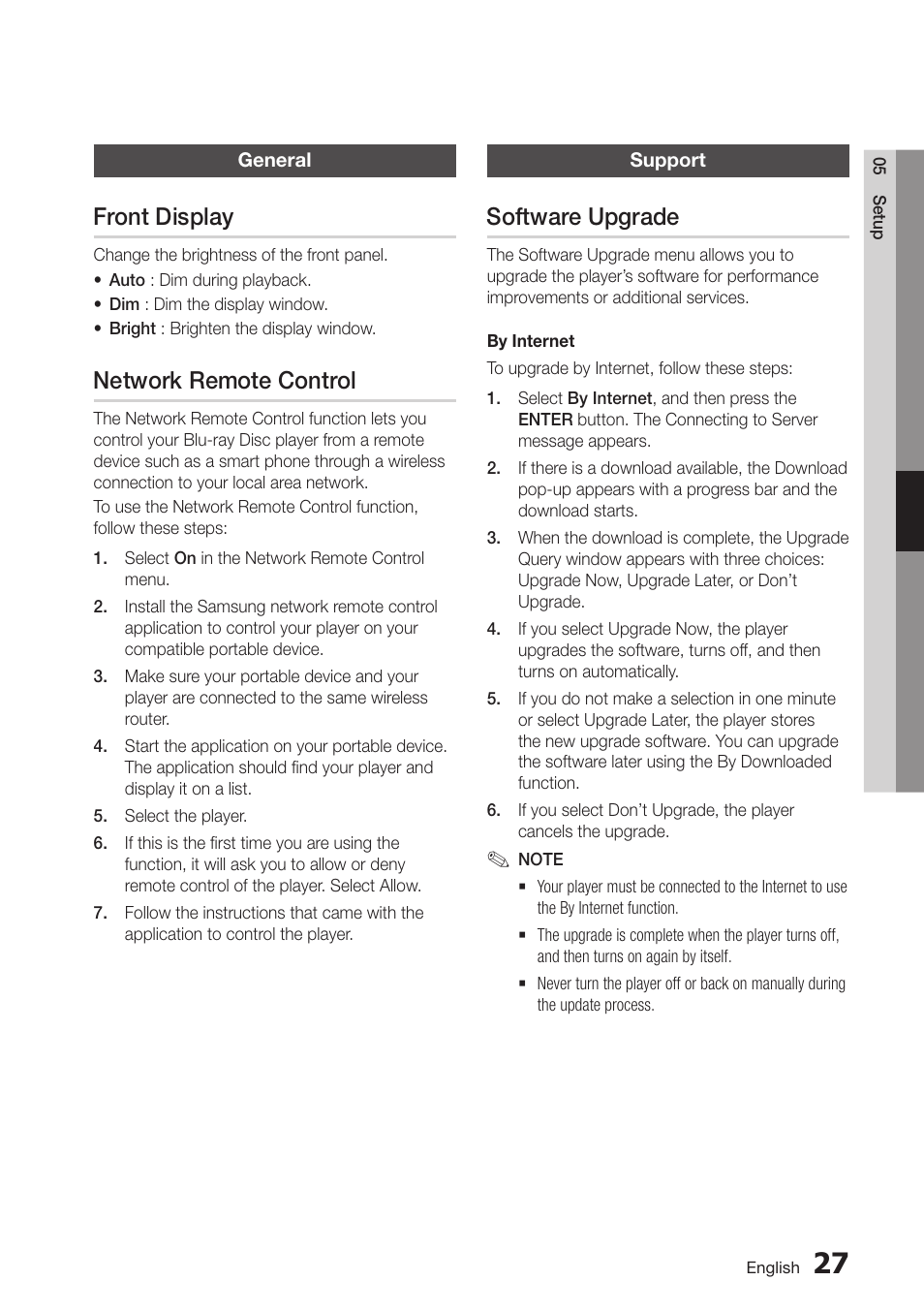 General, Front display, Network remote control | Support, Software upgrade, 41 general, 41 support | Samsung BD-D6100C-ZA User Manual | Page 41 / 79