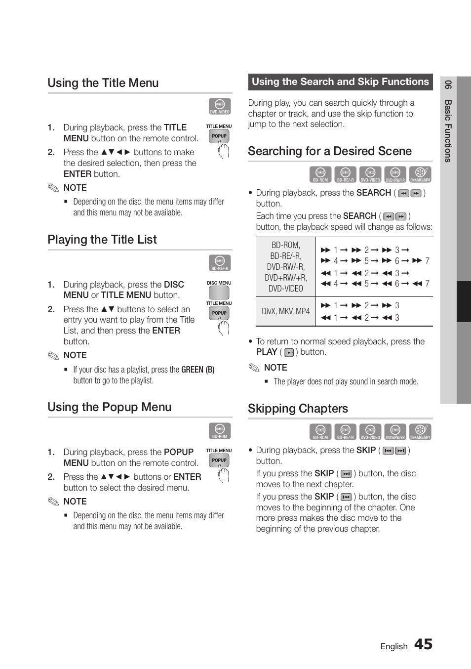 Using the title menu, Playing the title list, Using the popup menu | Using the search and skip functions, Searching for a desired scene, Skipping chapters, 45 using the search and skip functions | Samsung BD-D6100C-ZA User Manual | Page 45 / 79