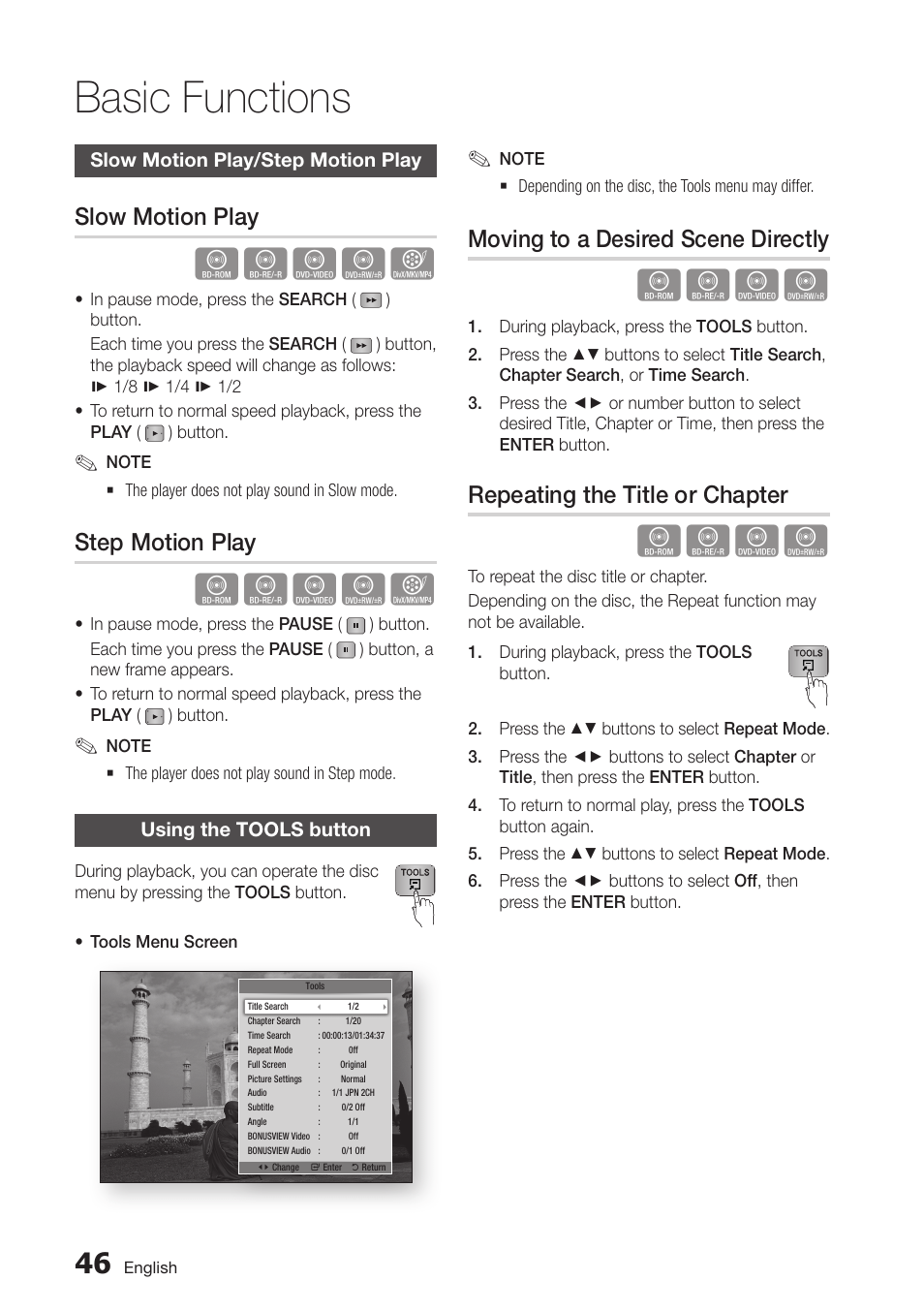 Slow motion play/step motion play, Slow motion play, Step motion play | Using the tools button, Moving to a desired scene directly, Repeating the title or chapter, 46 slow motion play/step motion play, 46 using the tools button, Basic functions | Samsung BD-D6100C-ZA User Manual | Page 46 / 79