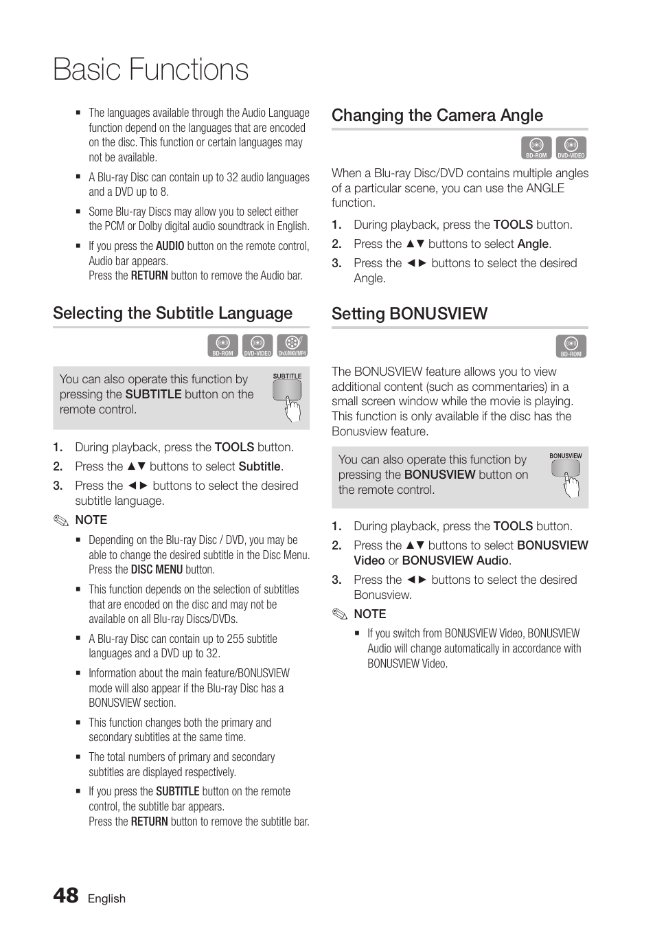 Selecting the subtitle language, Changing the camera angle, Setting bonusview | Basic functions | Samsung BD-D6100C-ZA User Manual | Page 48 / 79